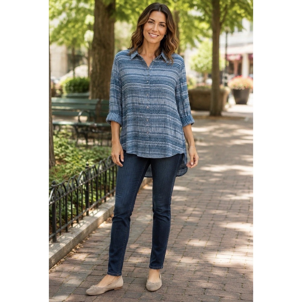 Habitat Clothes to Live In Mixed Color Block Striped Button Down Tunic High Low